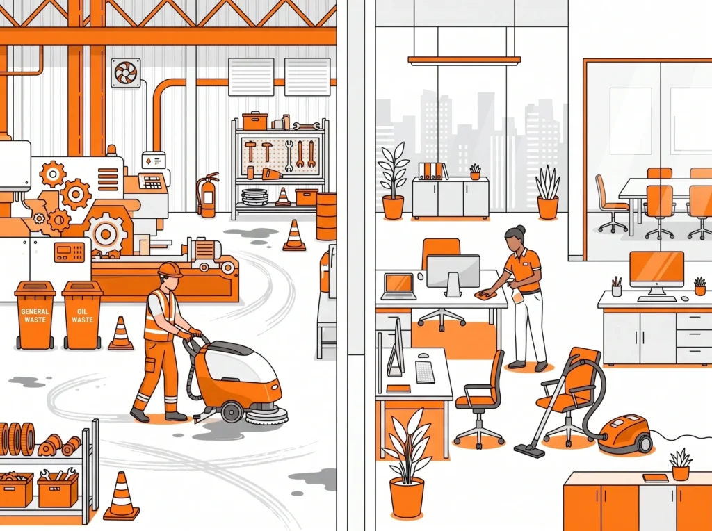 Industrial Housekeeping vs Office Cleaning services shown in factory and office environments