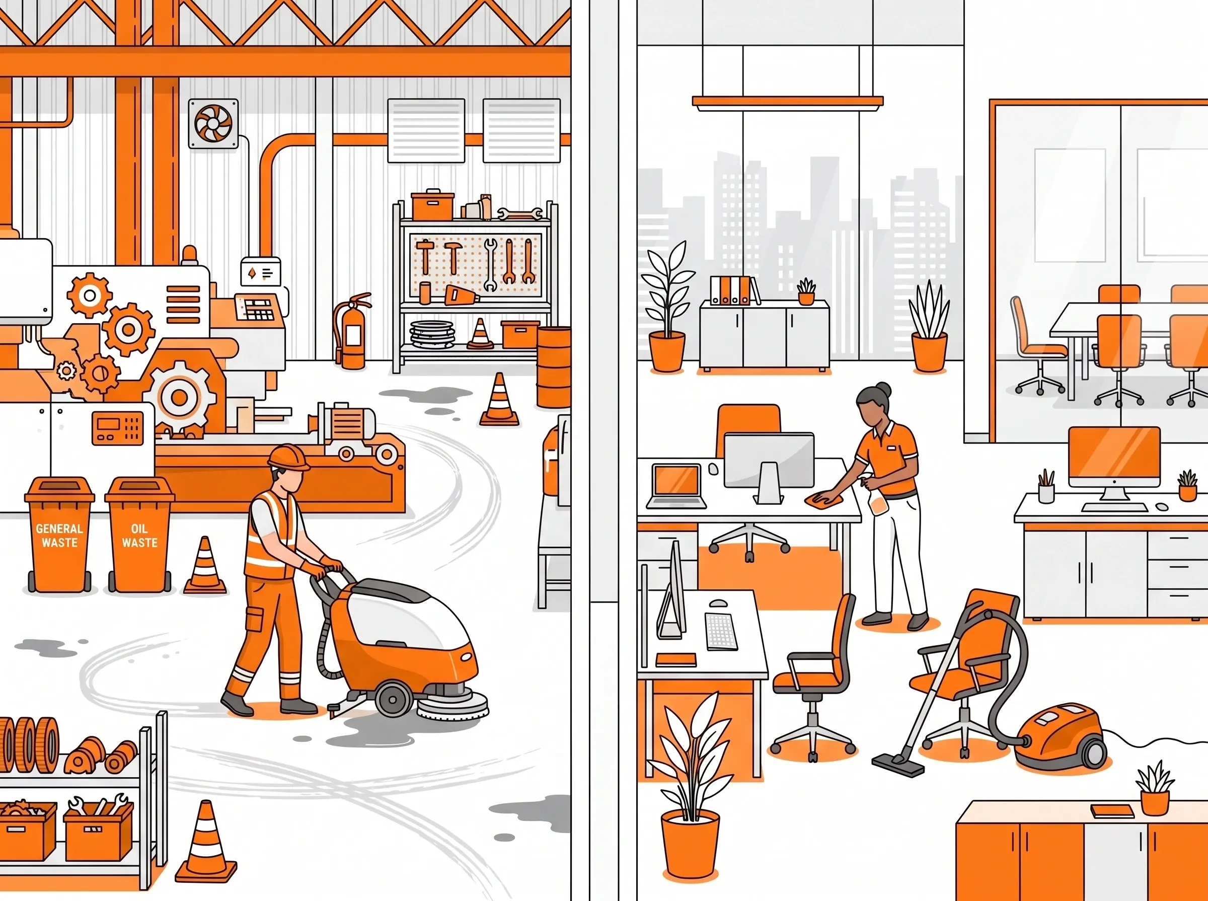 Industrial Housekeeping vs Office Cleaning services shown in factory and office environments